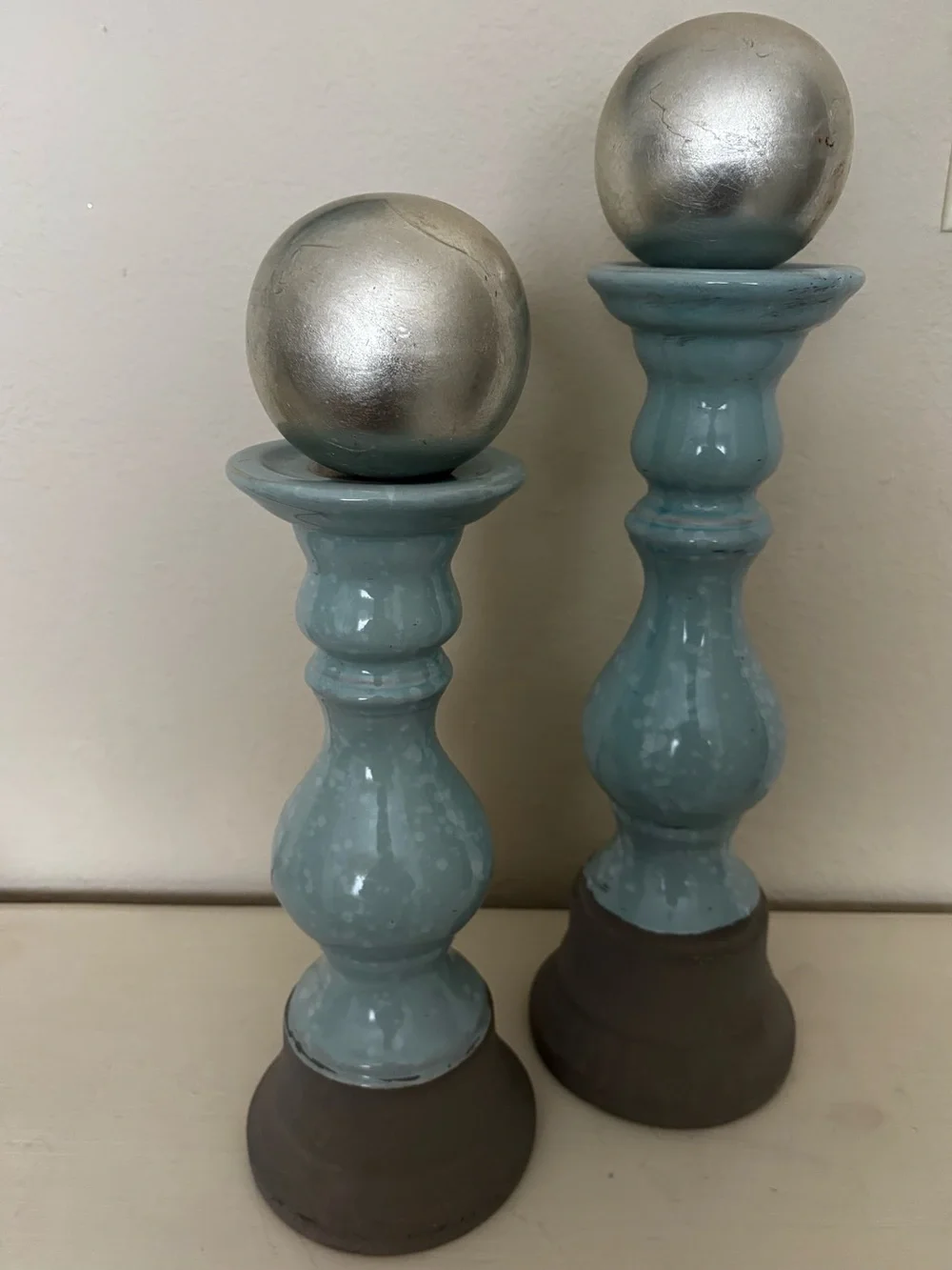 Ceramic Aqua Blue Decorative Column Candlestick 16”